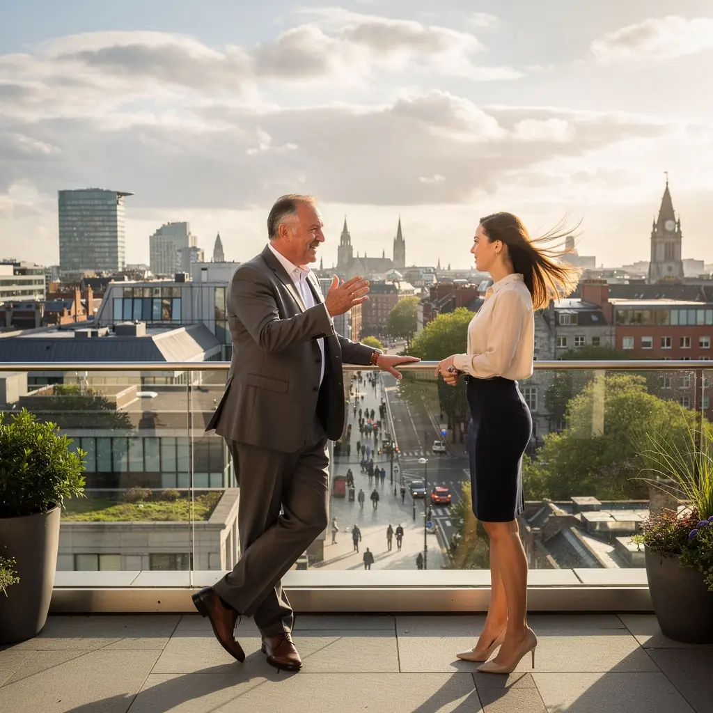 A serene outdoor setting where a coach and client are discussing personal development strategies in a relaxed environment.